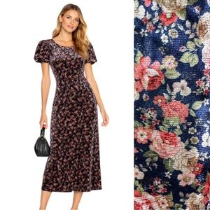NWT Mable Leighton Floral Velvet Puff Sleeve Midi Dress Navy Size L